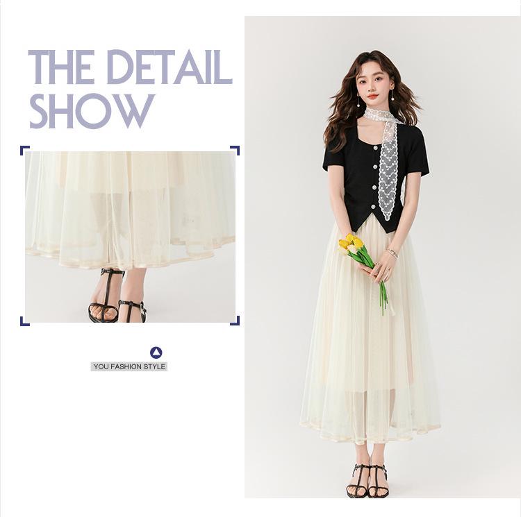 Elegant Knitted Short Sleeve Top & Mesh Skirt Set with Lace Scarf - Summer 2025