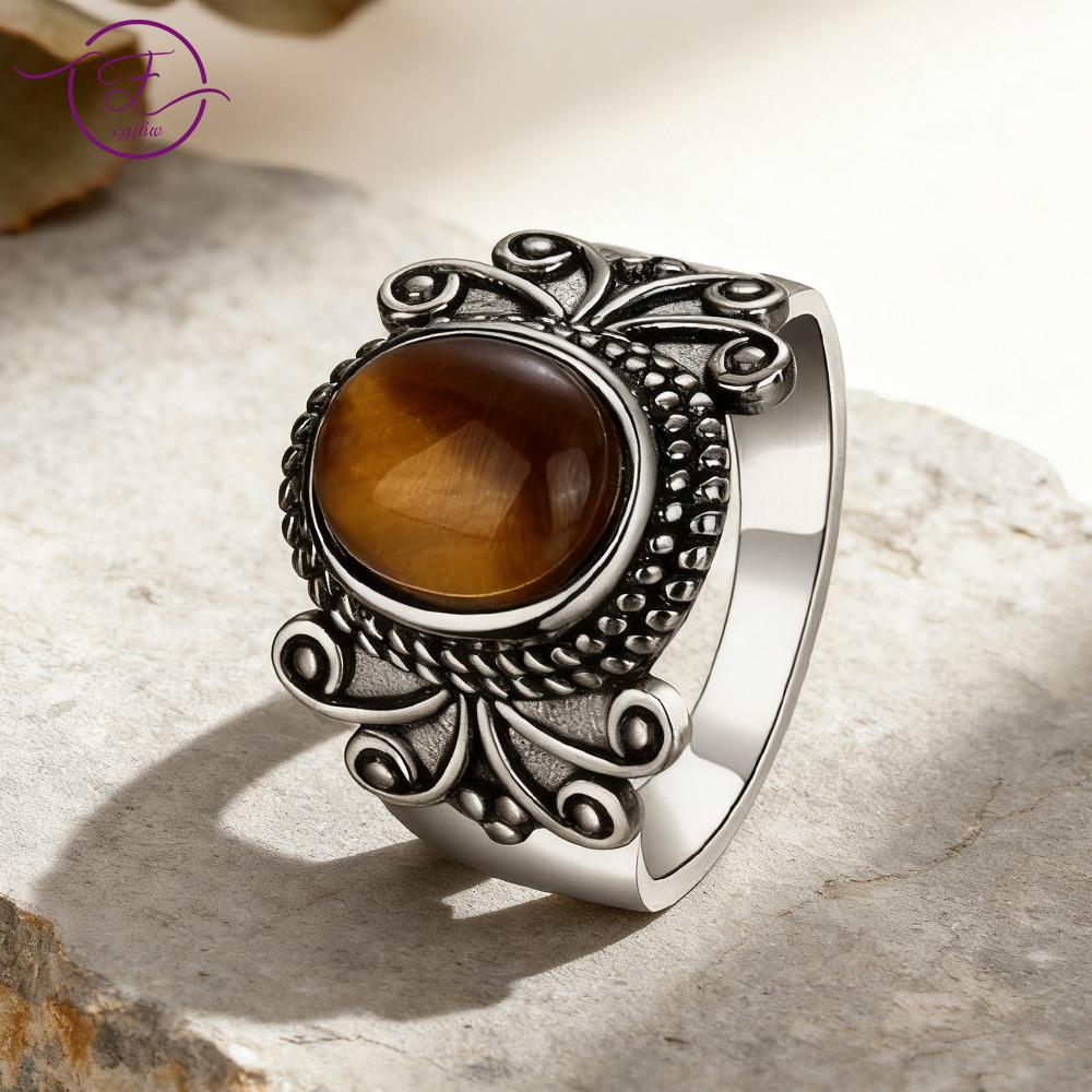 Retro Natural Ring for Men Women  Tiger's Eye Rhodochrosite Kyanite Amethyst Stone Rings Jewelry Party Birthday Gift