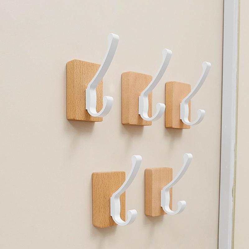 Space Saving Adhesive Hook for Bathroom Door Back Made of Natural Walnuts Wood Drillless Installation for Hanging Items