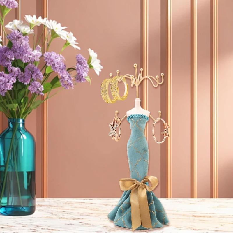 Elegant Jewelry Stand For Women Blue Mannequin Princess Dress Necklace Earring Stand Holder With Gold Accent