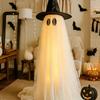 Halloween Outdoor Standing Ghost Decoration Light Up Spooky Ghost with Witch Hat And LED String Light for Front Porch Yard Garden Home Decor