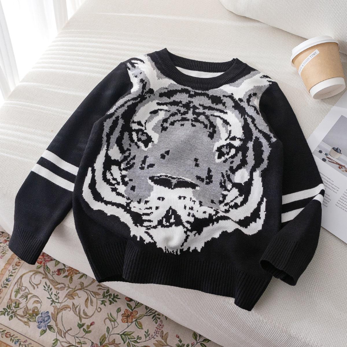 

Boys Tiger Pattern Street Style Sweater - Knitted Pullover for Spring, Autumn, and Winter 100 cm