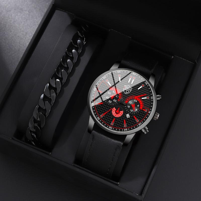 2PCS Set DEYROS Fashion Men's Watch Business Men's Leather Strap Calendar Watch Casual Men's Quartz Watch Men's Gifts