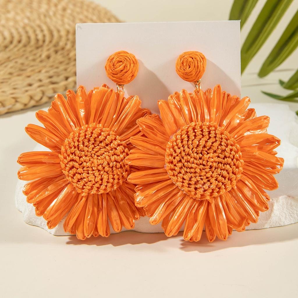 Tocona Bohemia Handmade Colorful Raffia Sunflower Dangle Earrings For Women Vintage Summer Vacation Beach Style Statement Jewelr
