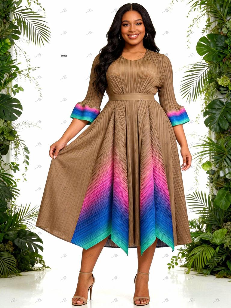 Miyake Plus Size Elegant Gradient Pleated Dress for Women - European & African Style