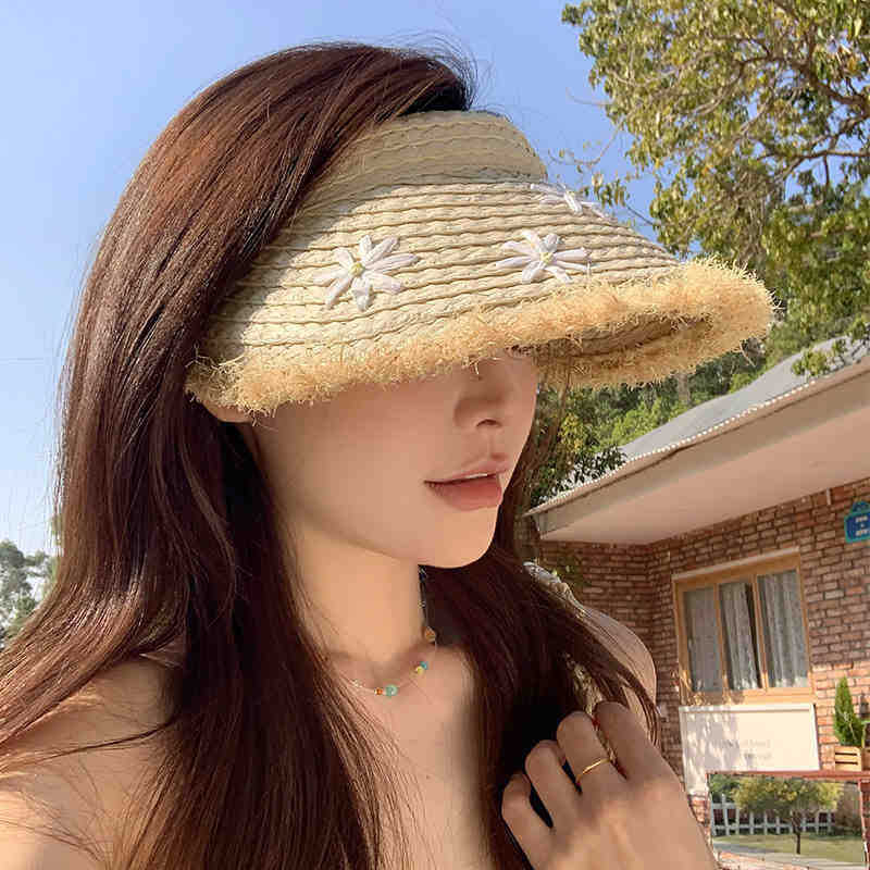 

Летняя шляпа женская шляпа от солнца с широкими полями шляпа из соломы с бахромой цветок шляпа от солнца с открытым верхом премиальная солнцезащитная шляпа One size