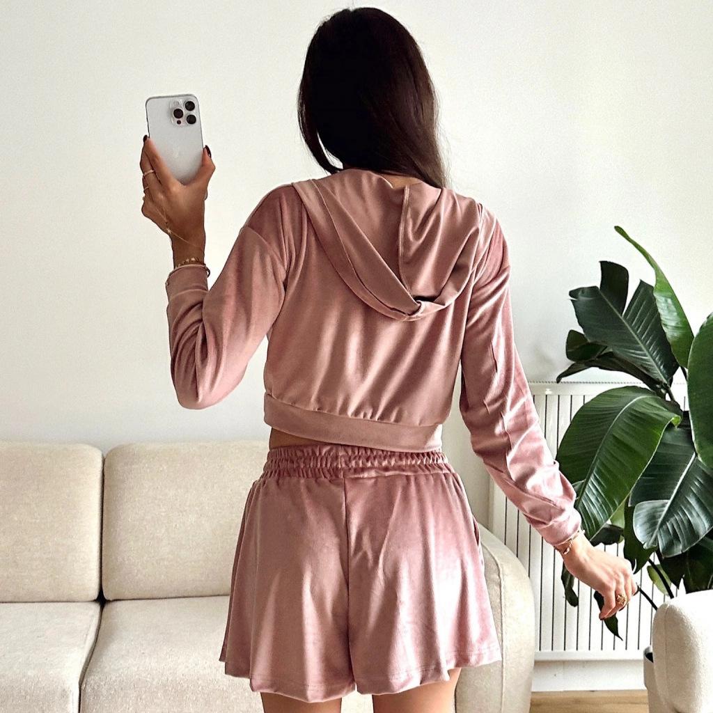 Casual European and American Women's Suit Long-sleeved Zipper Hooded Cardigan Loungewear Sports Elastic Shorts Two-piece Set