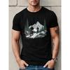 Men'S Graphic T-Shirt - Mountain And Cyclist Print | Breathable, White With Black Mountain Design, Round Neck Casual Summer Tee For Enthusiasts, Gym