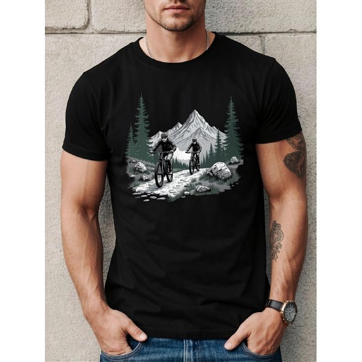 Men'S Graphic T-Shirt - Mountain And Cyclist Print | Breathable, White With Black Mountain Design, Round Neck Casual Summer Tee For Enthusiasts, Gym