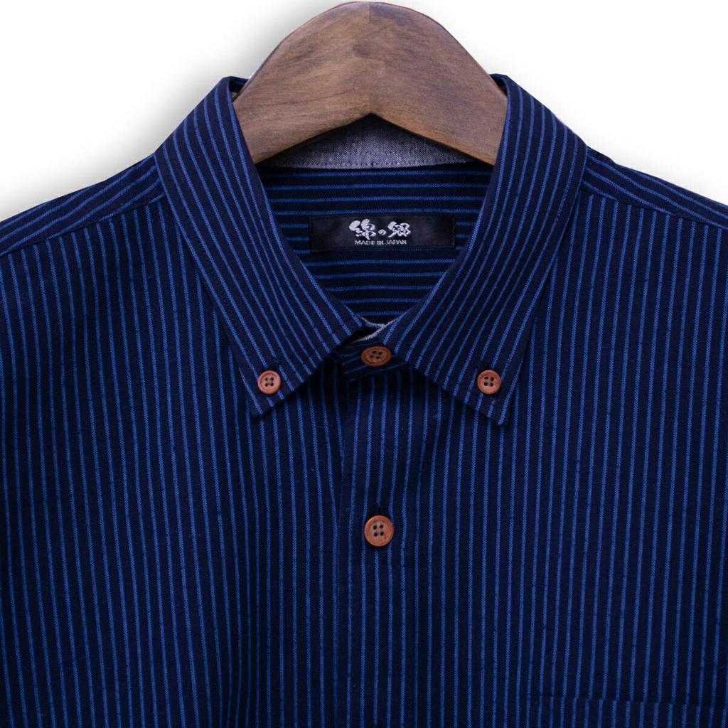 Watanosato Long Sleeve Dobby Made in Kurume Thin Stripes Button-Down Shirt, Weave, Japan, (Size L/Color Navy)