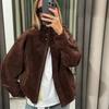 Jachetă Scurtă de Damă cu Guler Ridicat din Piele Ecologică, Croială Largă Casual, Mânecă Lungă, Jachetă Scurtă Cargo