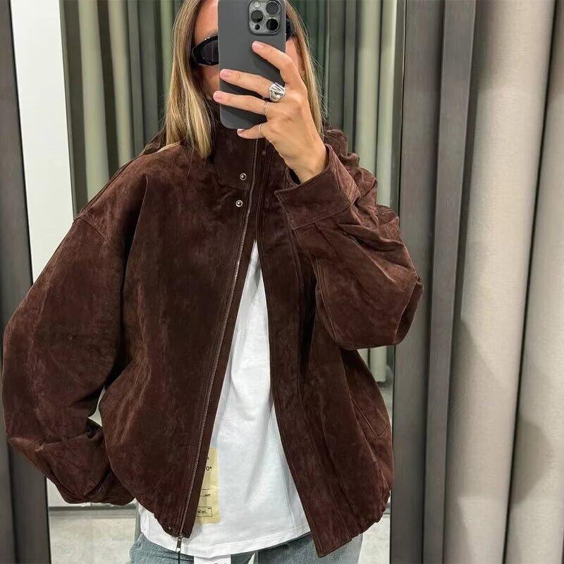 Giacca Corta da Donna con Collo Alto in Ecopelle, Vestibilità Larga Casual, Manica Lunga, Cappotto Corto Cargo