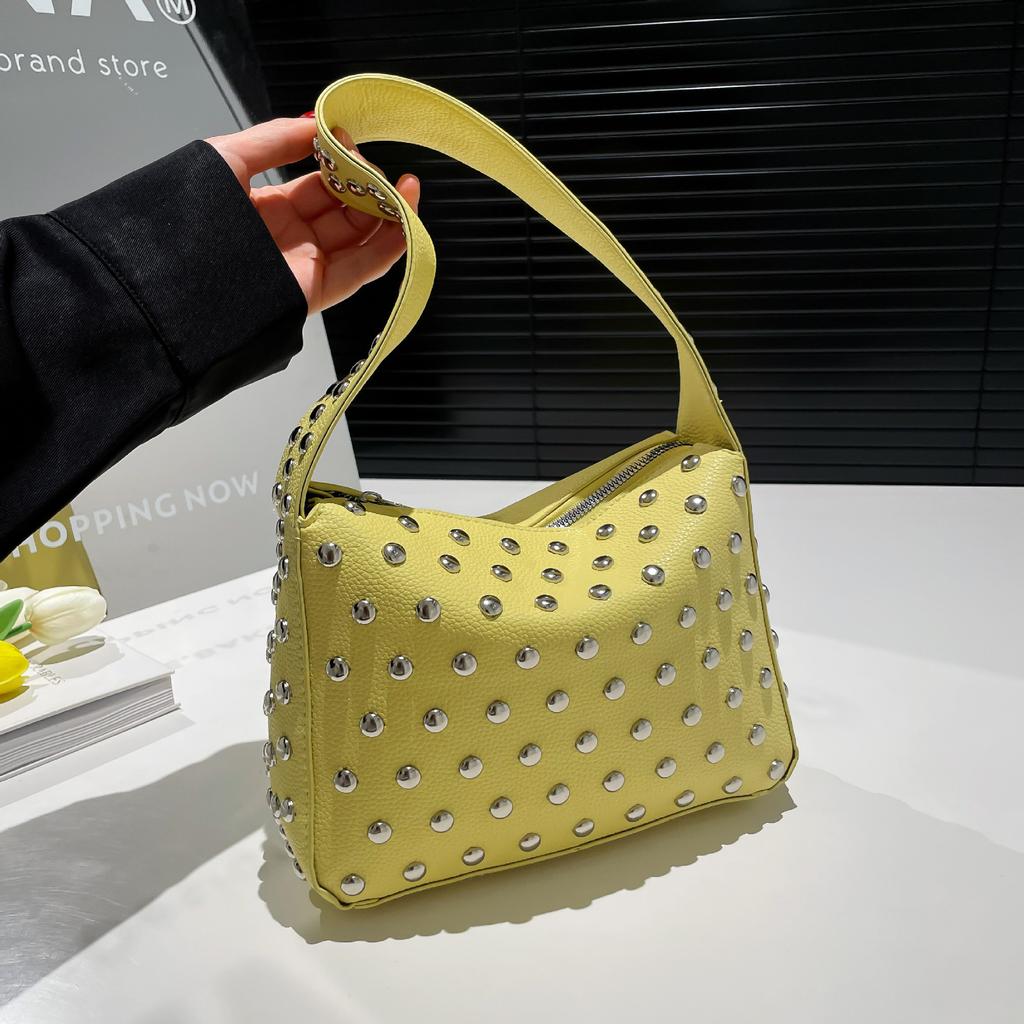 Vintage PU Leather Shoulder Underarm Bag For Women Shiny Rivet Daily Use Handbag Simple Casual Shopping Tote Small square bags