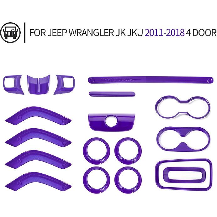 18PCS Full Set Interior Trim Kit For Jeep Wrangler JK JKU 2011-2018 4 Door,Center Console Door Handle Side Outlet Cup Holder Gear Cover Trim (Purple)