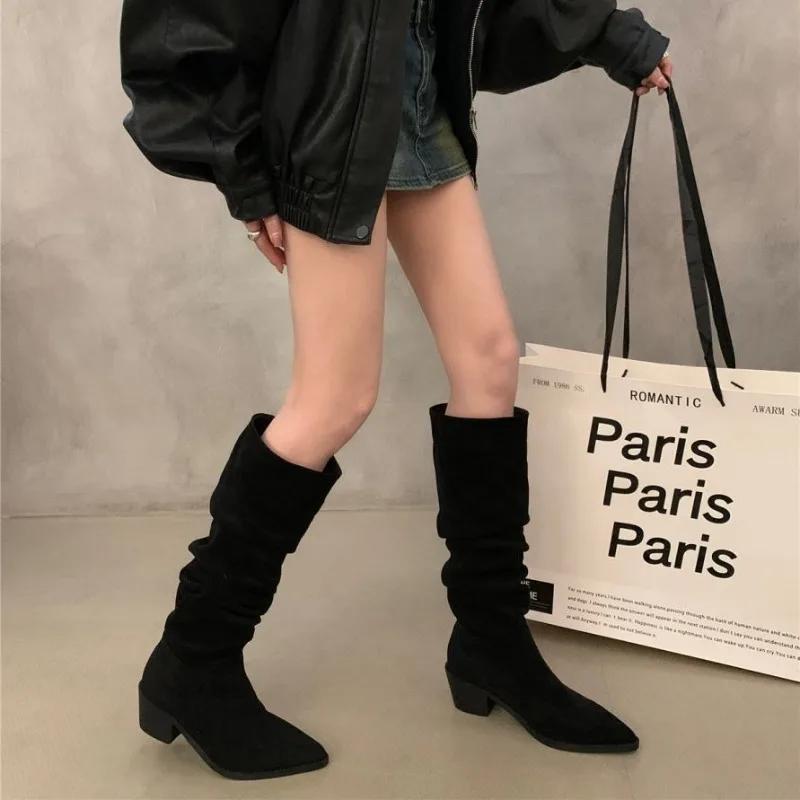 Women's Boots Pointed High-heeled Khaki Black Stacking Boots Women's New Long Tube Knight Boot High Quality Fashion Suede Boots