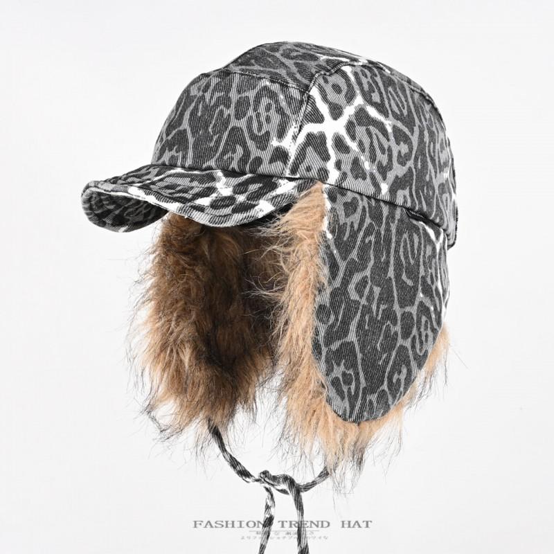 Unisex Fuzzy Leopard Print Beanie Hat With Ear Flaps Winter Warm Outdoor Cycling Cap