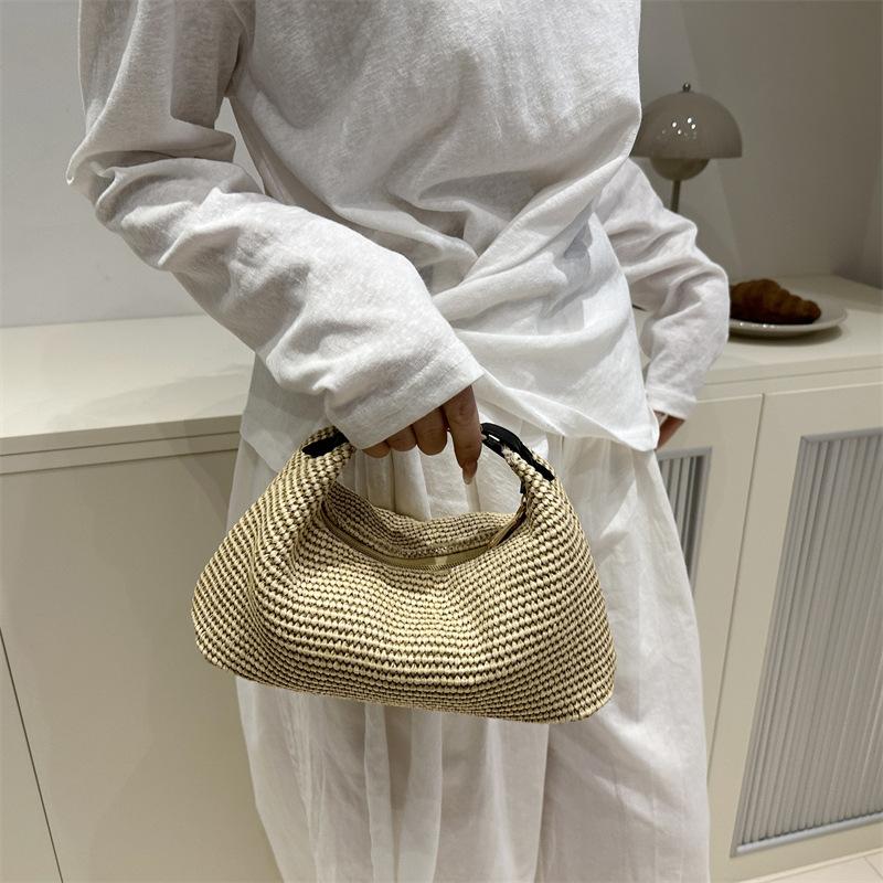 Raffia Straw Woven Clutch Purse Hobo Dumpling Women Handbag Summer Beach Grass Braided Solid Color Evening Bag KTB