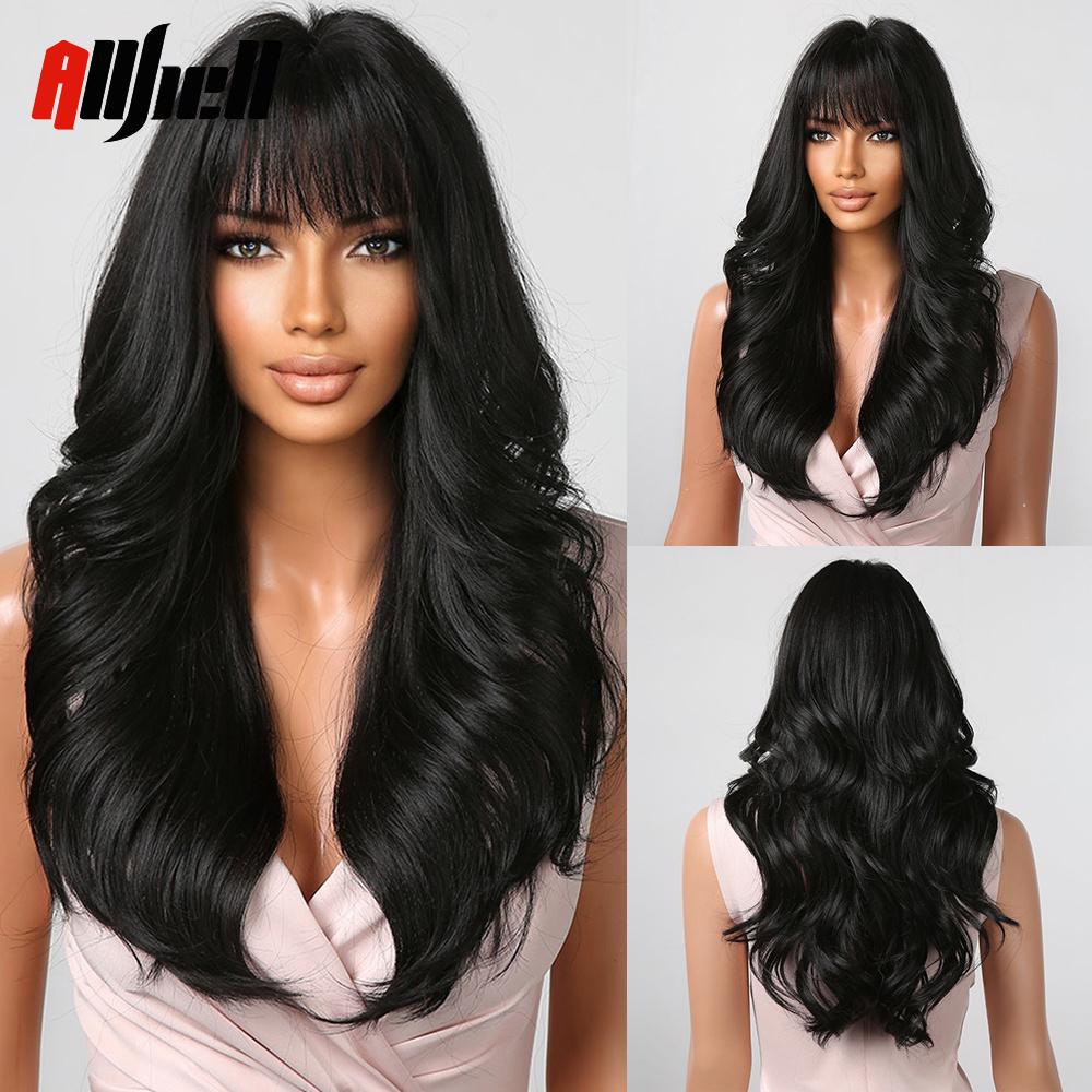 Lange gewellte braune Ombre-Synthetik-Perücken, natürliches Haar, gewellte Damen-Perücken mit Pony, hitzebeständig, tägliche Verwendung, Cosaply für schwarze Frauen