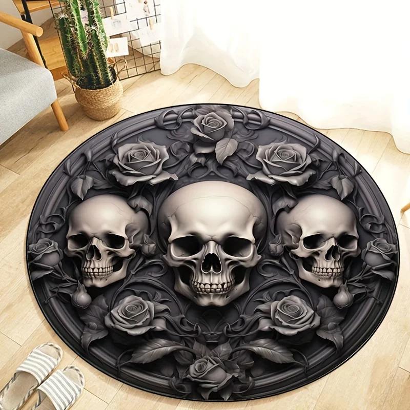 Luxury Soft Polyester Rug 3D Skull and Rose Round Non-Slip Area Rug Gothic Print for Bedroom Living Room Large Home Decoration