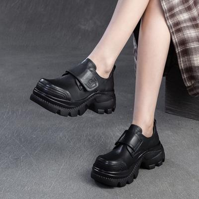 Retro Round Toe Thick Soled Shoes Genuine Leather Casual Hook & Loop Women's Platform Shoes