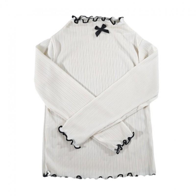 Girls Long Sleeve T-Shirt With Ruffle Trim Bow Detail Soft Cotton Blend Top Fall Kids Fashion