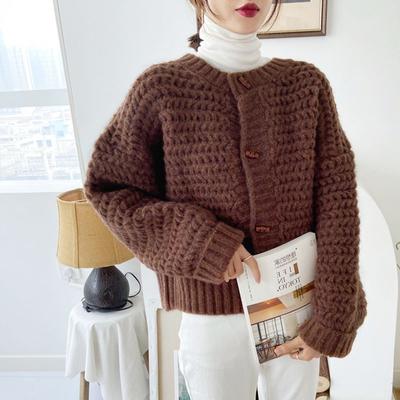 Pullover Mantel Strickjacke Damen Herbst und Winter locker frittierter Teig Twist Retro sanfter O-Ausschnitt Langarm Strickjacke
