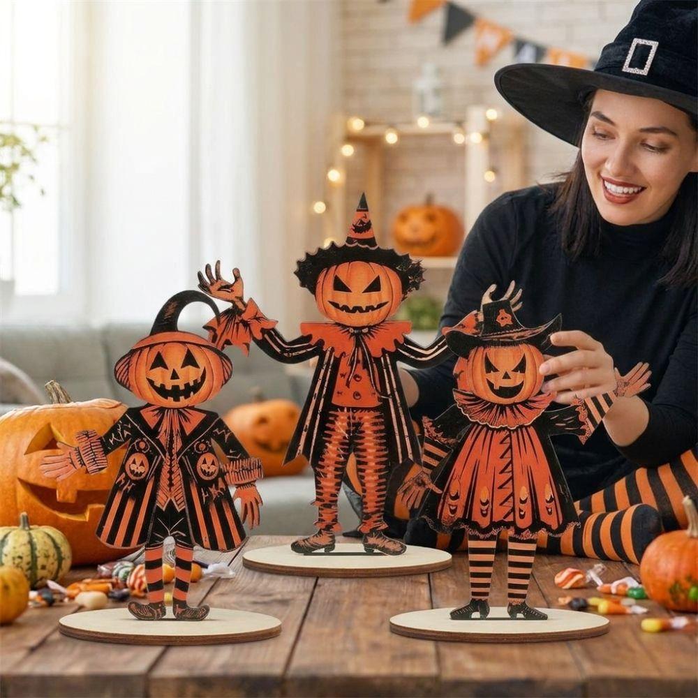 3Pcs Wooden Pumpkin Man Tabletop Decor Vintage Print Pumpkin Scarecrow Party Sign Farmhouse Setting
