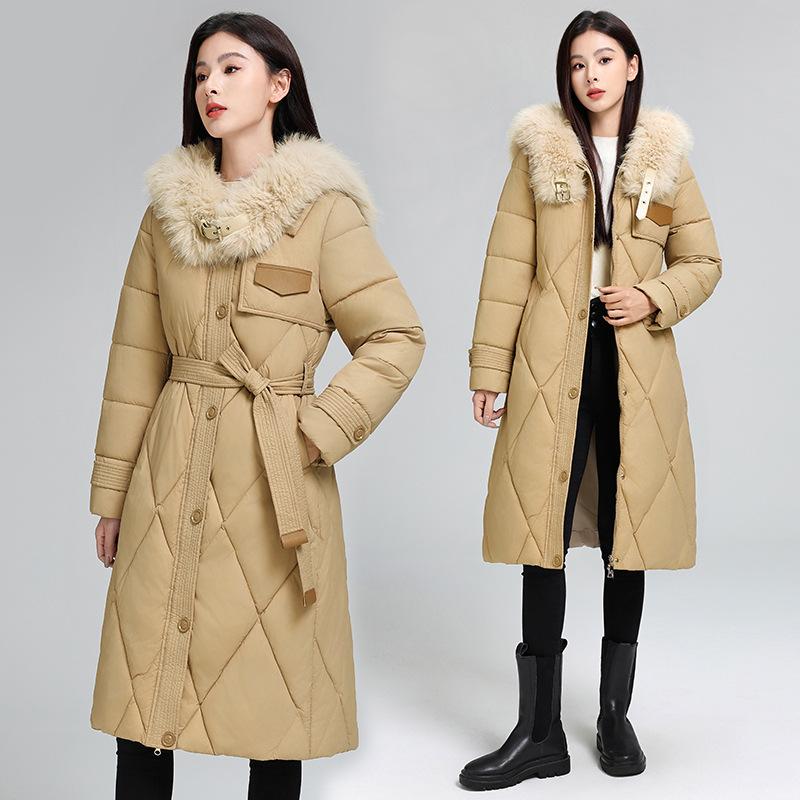 Large Size Autumn and Winter Women's Coat Solid Color Fur Collar Waist Slimming Mid-length Thickened Windproof Women's Jacket