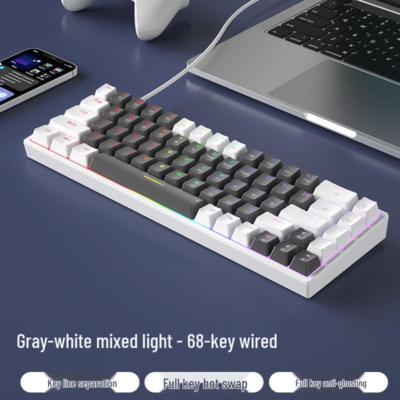 BOW Hot-Swappable Wired Mechanical Keyboard - Universal Compact Gaming with Small Red/Brown Switches, 68 Keys