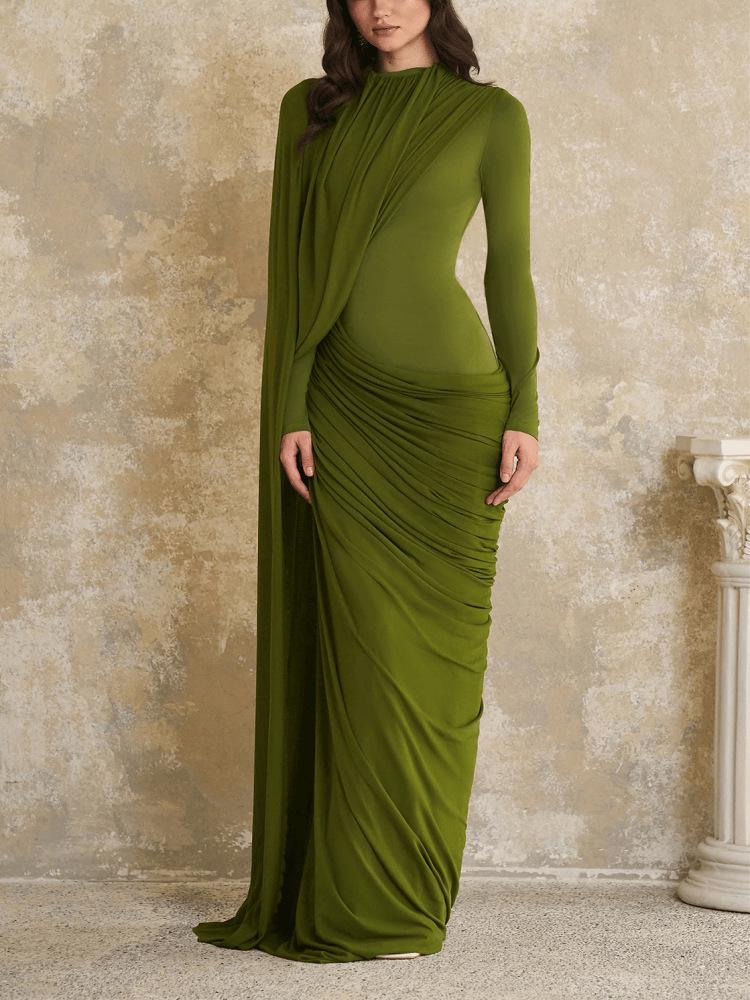 European and American Women's Slim Fit Pleated Ribbon Round Neck Long Sleeve Dress