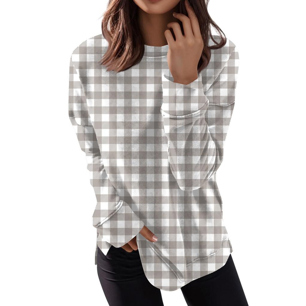 Women's Fashion Casual Long Sleeve Plaid Round Neck Top
