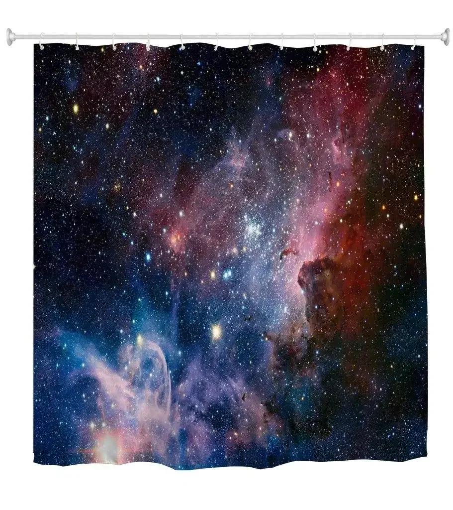 Starry Space Shower Curtain Blue Galaxy Shower Curtains Nebula Waterproof Polyester Fabric for Bathtub Bath Room Decor with Hook