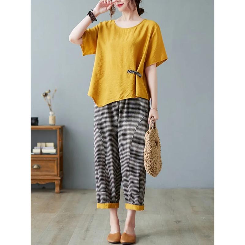 Sets Women Casual T Shirt Ankle Length Pants Summer Vintage Style Loose Pant Suits