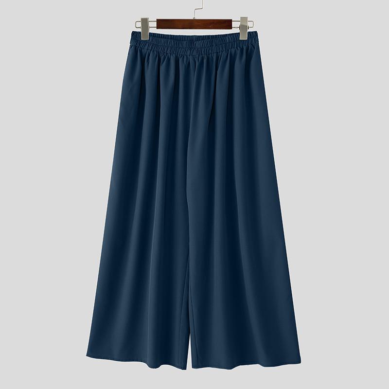 

INCERUN Мужские однотонные эластичные брюки плиссе кэжуал с широкими штанинами и карманами XL синий