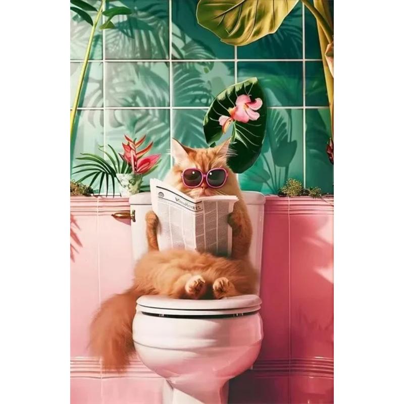 Funny Cat On Toilet Wall Art Cat Reading Newspaper Canvas Posters Print Picture for Home Bathroom Living Room Decor No Frame