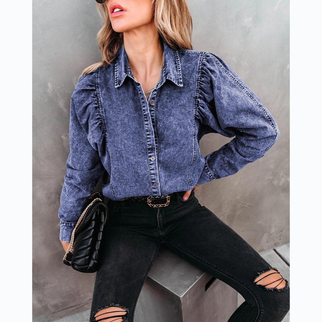 2026 Women's European/American Autumn/Winter Lapel Casual Street Style Denim Shirt
