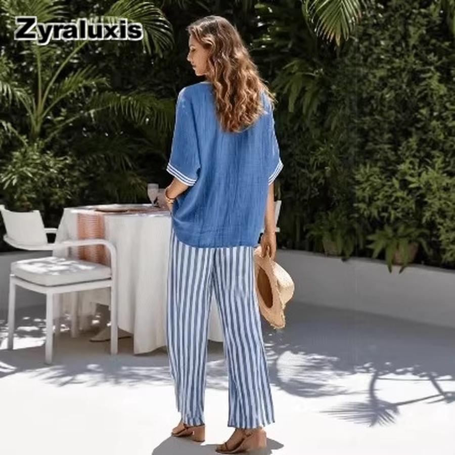 Women's V-Neck Top & Straight Leg Striped Casual Pants Set