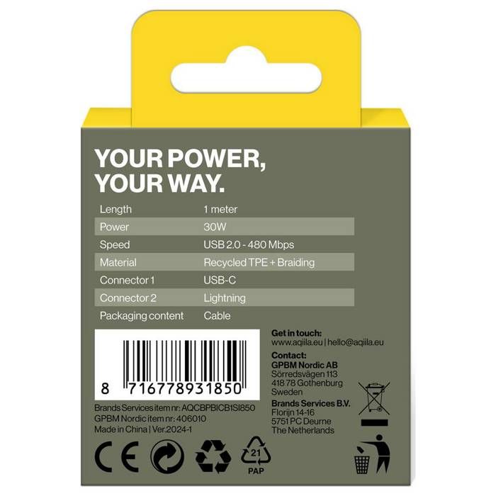 Aqiila Cablebird CB21 Câble USB-C USB 2.0 Connecteur Lightning 1.00 M Noir AQCBPBICB1BD850