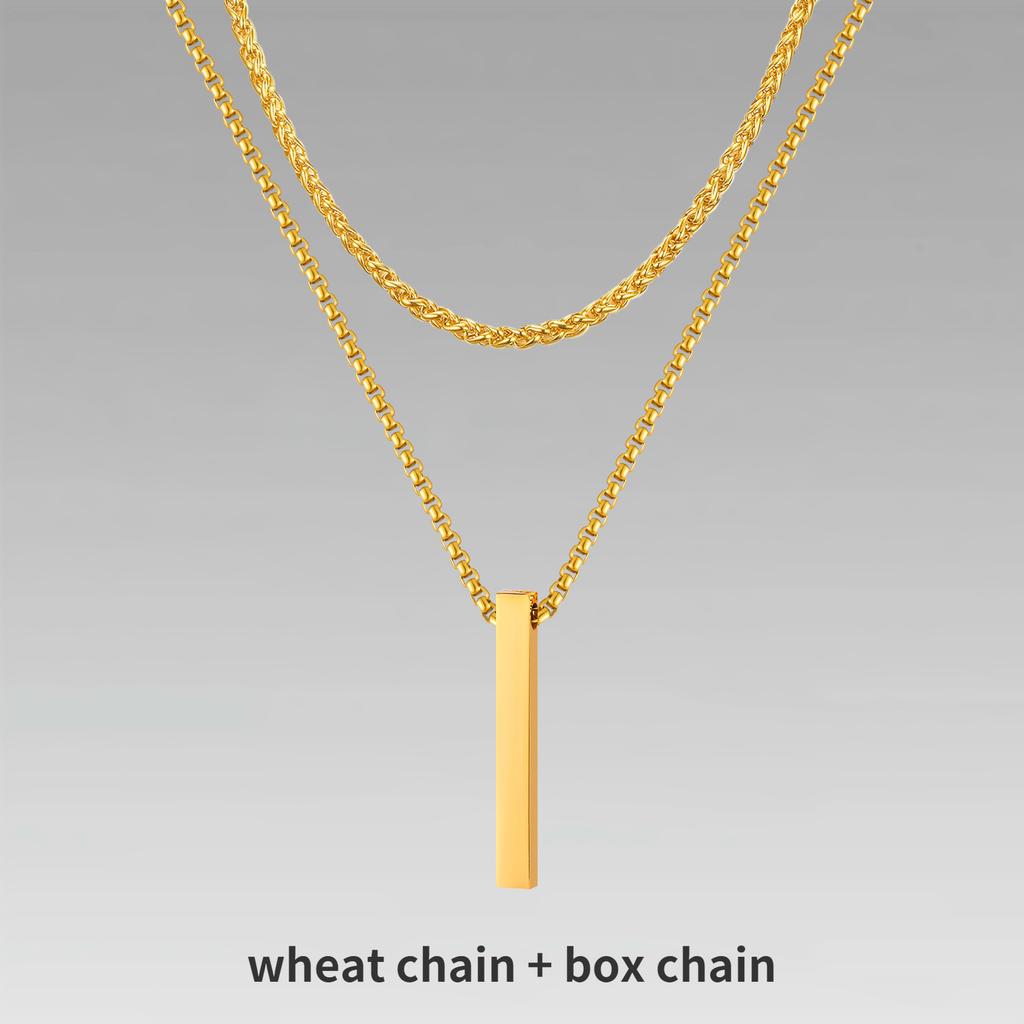 Vnox 3D Vertical Bar Necklaces for Men, Layering Stainless Steel Geometric Pendant, Layered Wheat Rope Cuban Chain, Boy Collar