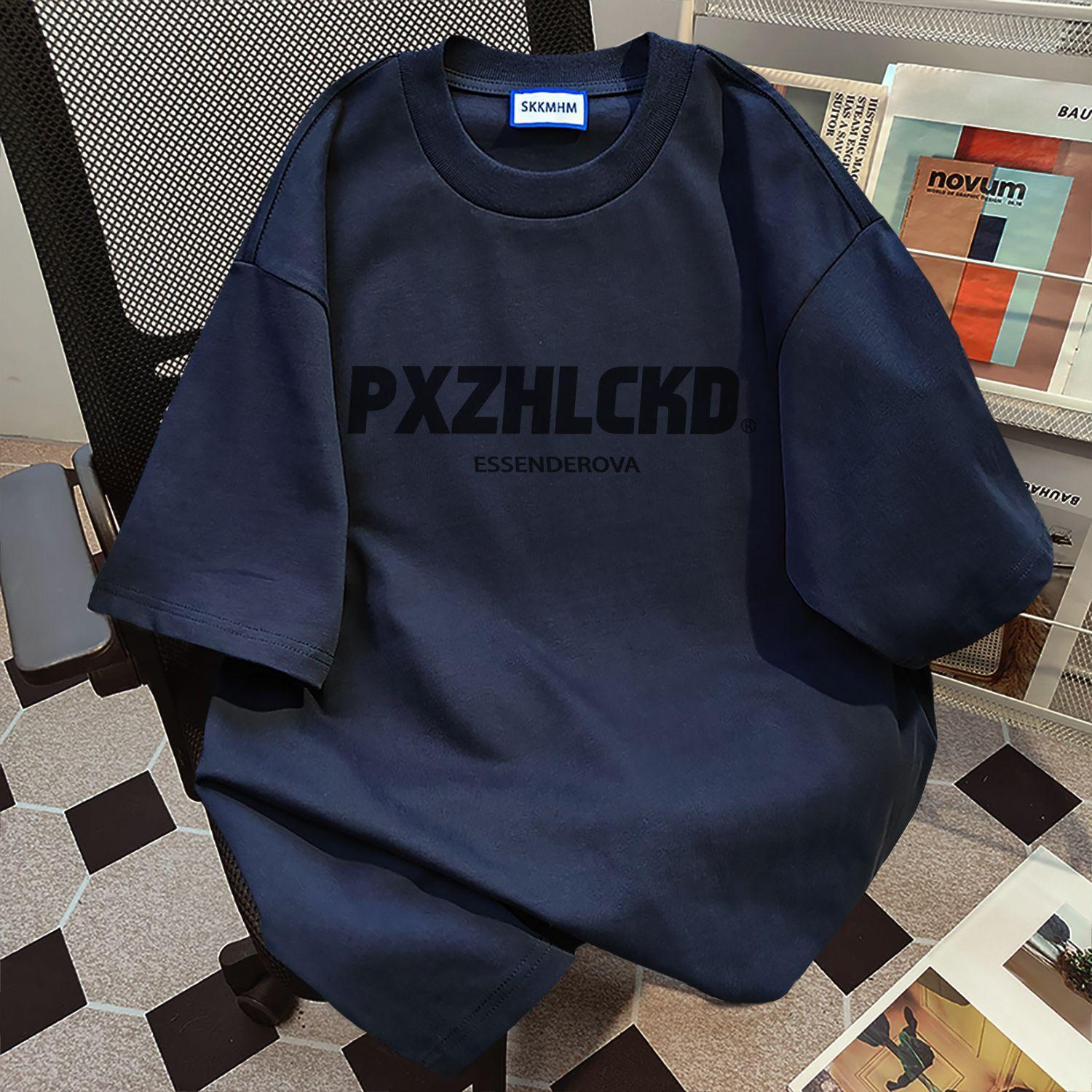 American Simple Letter Crew Neck Print Navy Blue Short-sleeved T-shirt Couple Casual Loose Top Trendy Oversized Letter Print Crew Neck T-shirt S