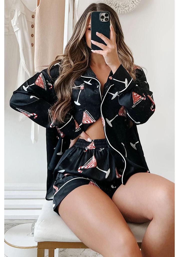 2023 Santa Claus Satin Print Two-Piece Homewear Pajama Set