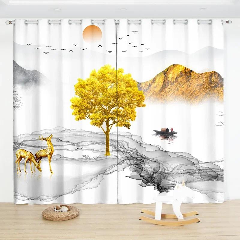 3D Chinesische Tusche Bambus Halbverdunkelnd Bedruckter Vorhang Ösenaufhängung Schlafzimmer Wohnzimmer Bodenlanger Fenstervorhang 2 Paneele Dra