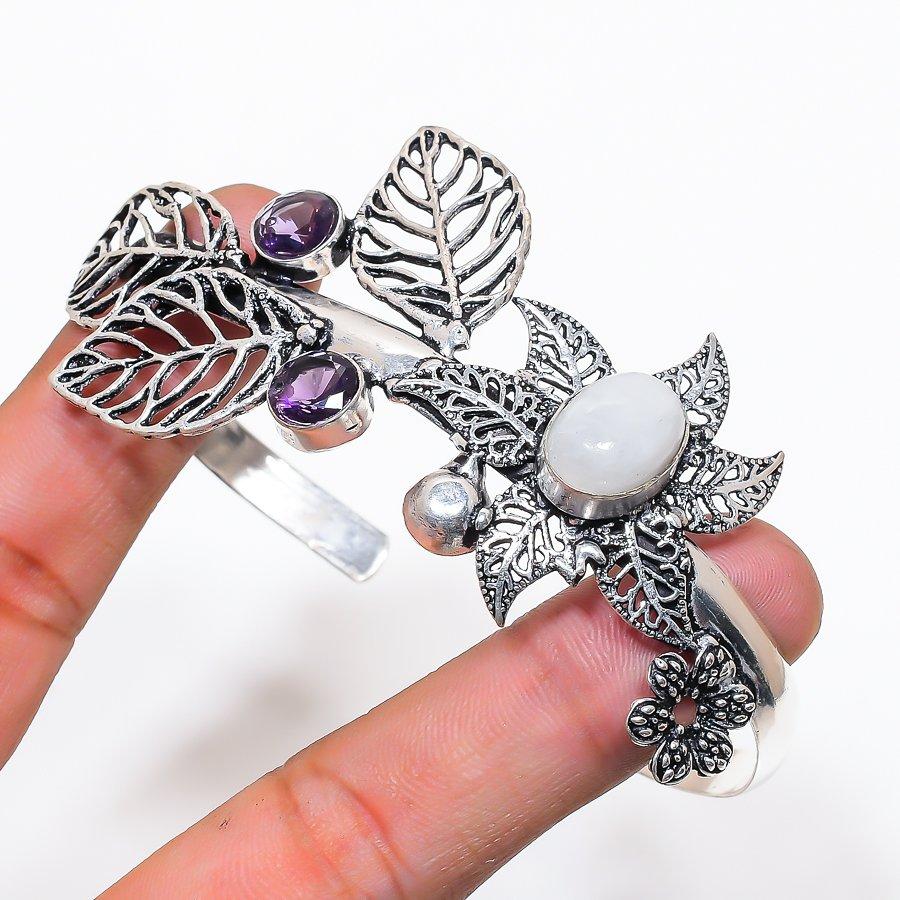 Natural Moonstone Gemstone 925 Sterling Silver Cuff Bangle Adjustable AC-1416