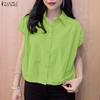 Women Casual Turn Down Collar Solid Color Short Sleeve Blouse