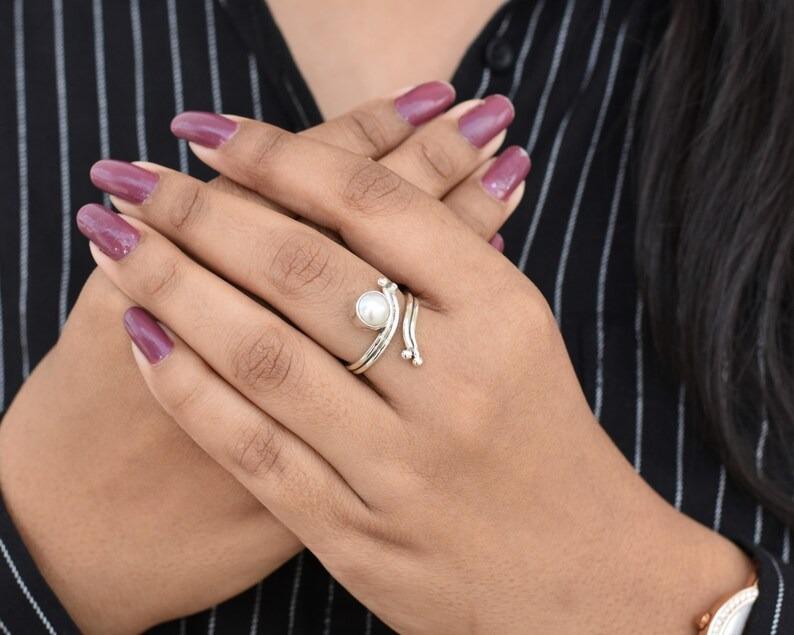Solid 925 Sterling Silver White Pearl Round Gemstone Birthday Gift Handmade Designer Statement Ring Jewelry