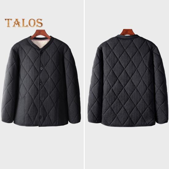Men Coat V-Neck Long Sleeve Single Breasted Windproof Warm Jacket Solid Color Thickened Velvet Lining Outwear