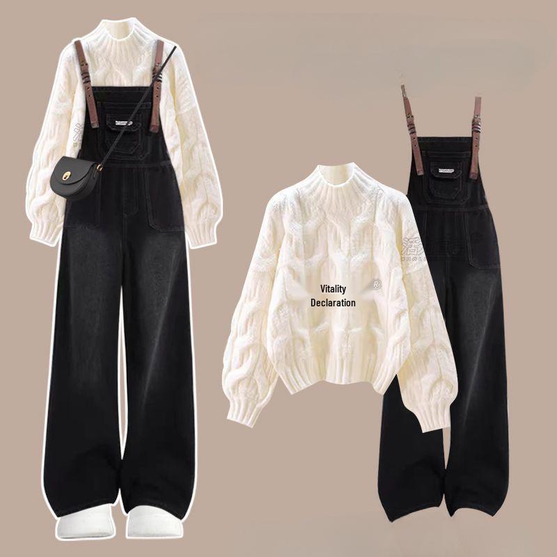Winter 2025 Women's Plus Size Cable Knit Sweater & Denim Overalls Set