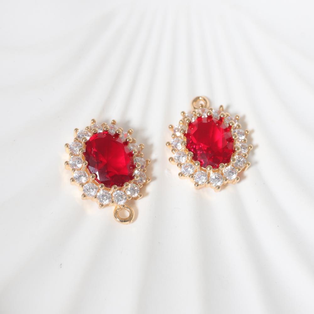 Copper Oval Red Zirconia Charms 2pcs for DIY Jewelry Making