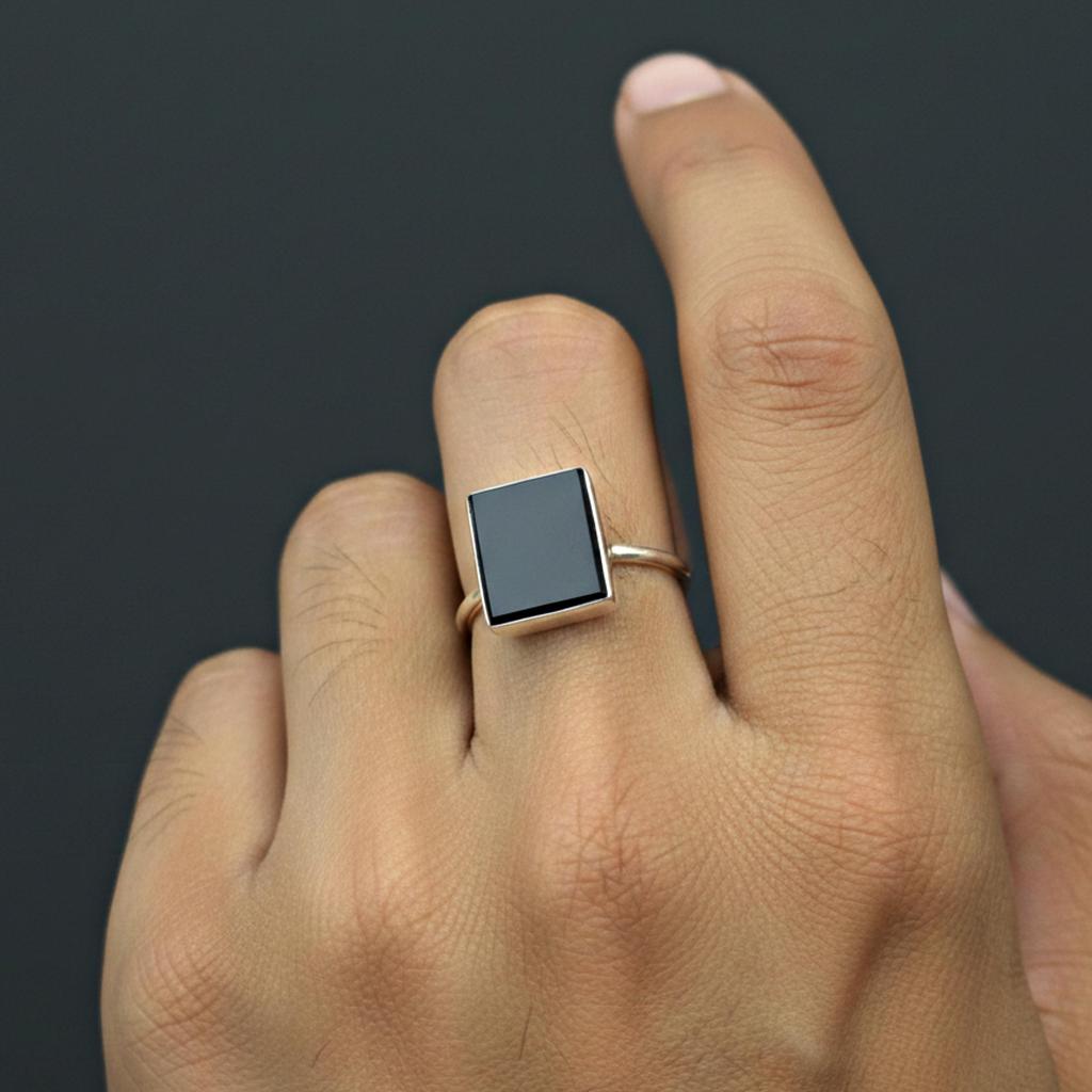 Handmade Black Onyx Statement Ring, 925 Sterling Silver Jewelry, Minimalist Rectangular Boho Gemstone Ring