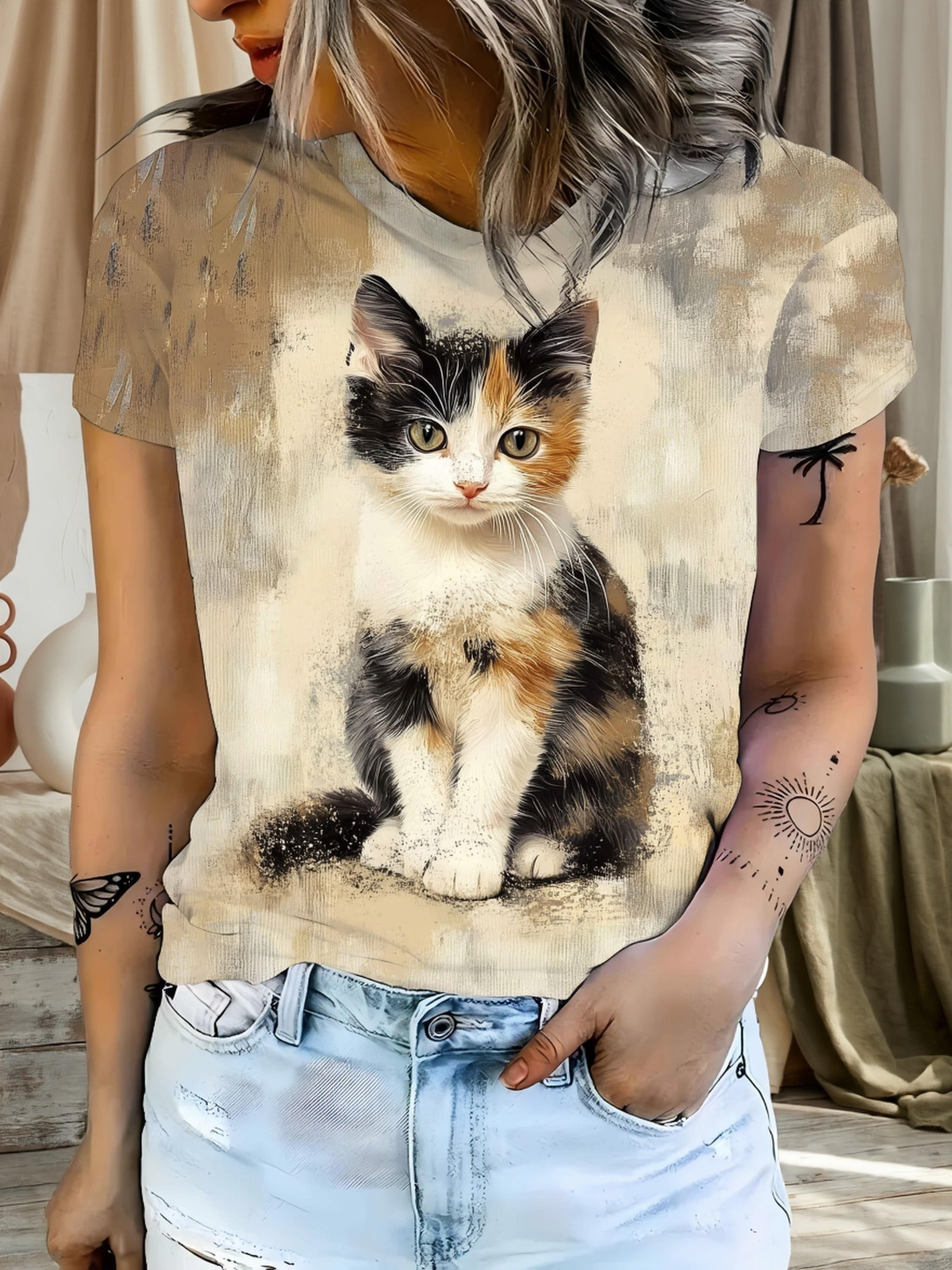 

Women S Vintage-Style Realistic Three-Color Tortoiseshell Cat Printed Short-Sleeve T-Shirt. a And Cute Pet Design for Artistic And Casual Wear 2XL